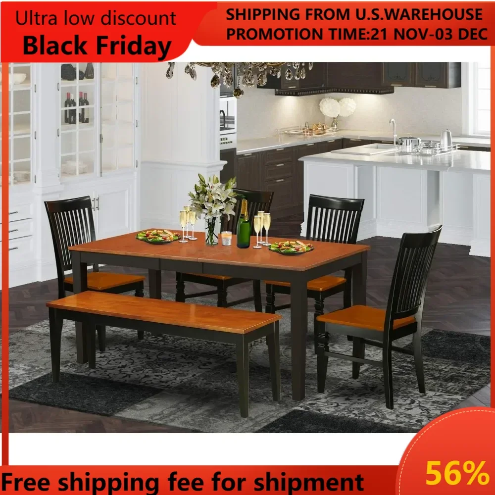 NIWE6-BCH-W 6 Piece Set Contains a Rectangle Dinner Table with Butterfly Leaf and 4 Dining Room Chairs with a Bench, 36x66 Inch,