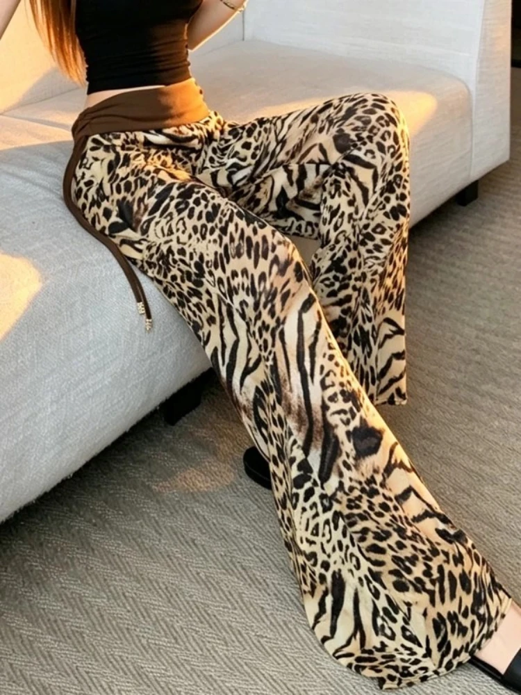 Pants Coffee Leopard Print Chiffon Summer Thin Designer Gathered Low Waist Draped Straight Fit Floor Length Wide Leg Trousers