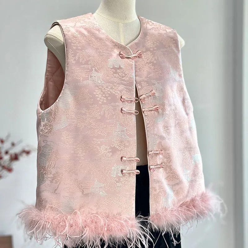 

Pink Chinese Frog Button Vest Cashmere Women Sleeveless Splicing Fur Jacket Jacquard Silk Tank Tops Autumn Winter