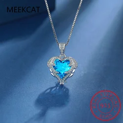 Exquisite 925 Sterling Silver Blue Topaz Angel Wings Heart Pendant Necklace Gemstone Jewelry for Women Valentines Day Gift