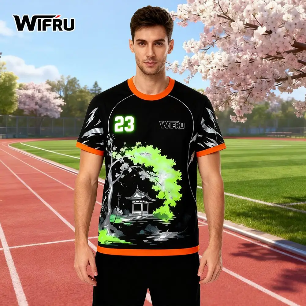 

Traditional Ink Painting Graphic Football T-shirt WIFRU Japanese Anime Style Sports Training Jersey Men's Breathable Casual Tops