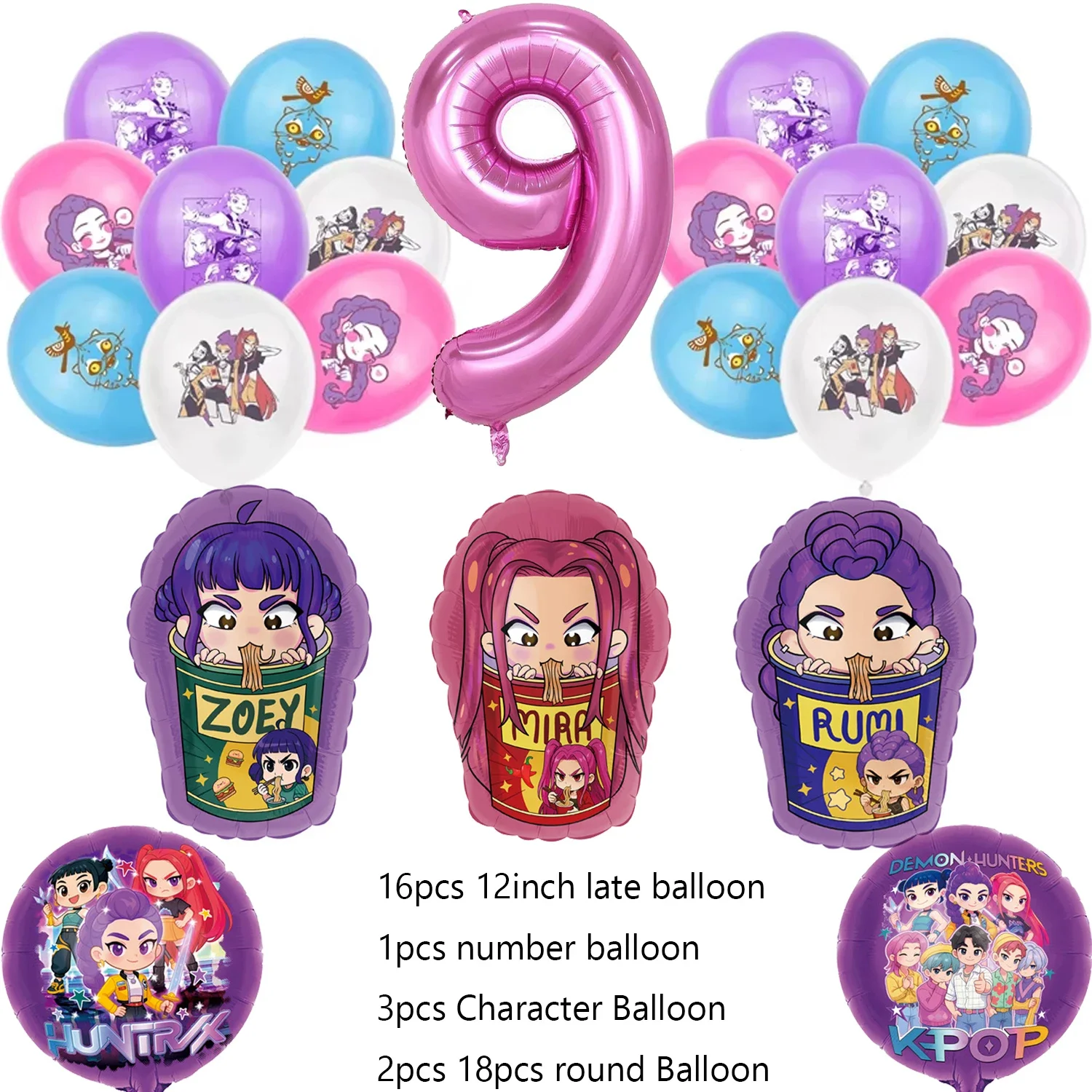 Dessin animé Kpop chasseurs de démons anniversaire ballon décoration ensemble musique fille numéro ballons en aluminium enfants fête fournitures cadeau faveur Dec