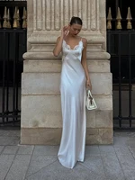 Lace Patchwork Sling Maxi Dress Women Sexy Solid V-neck Sleeveless Backless Satin Slim Long Gown Lady Chic Evening Party Dresses - Image 2