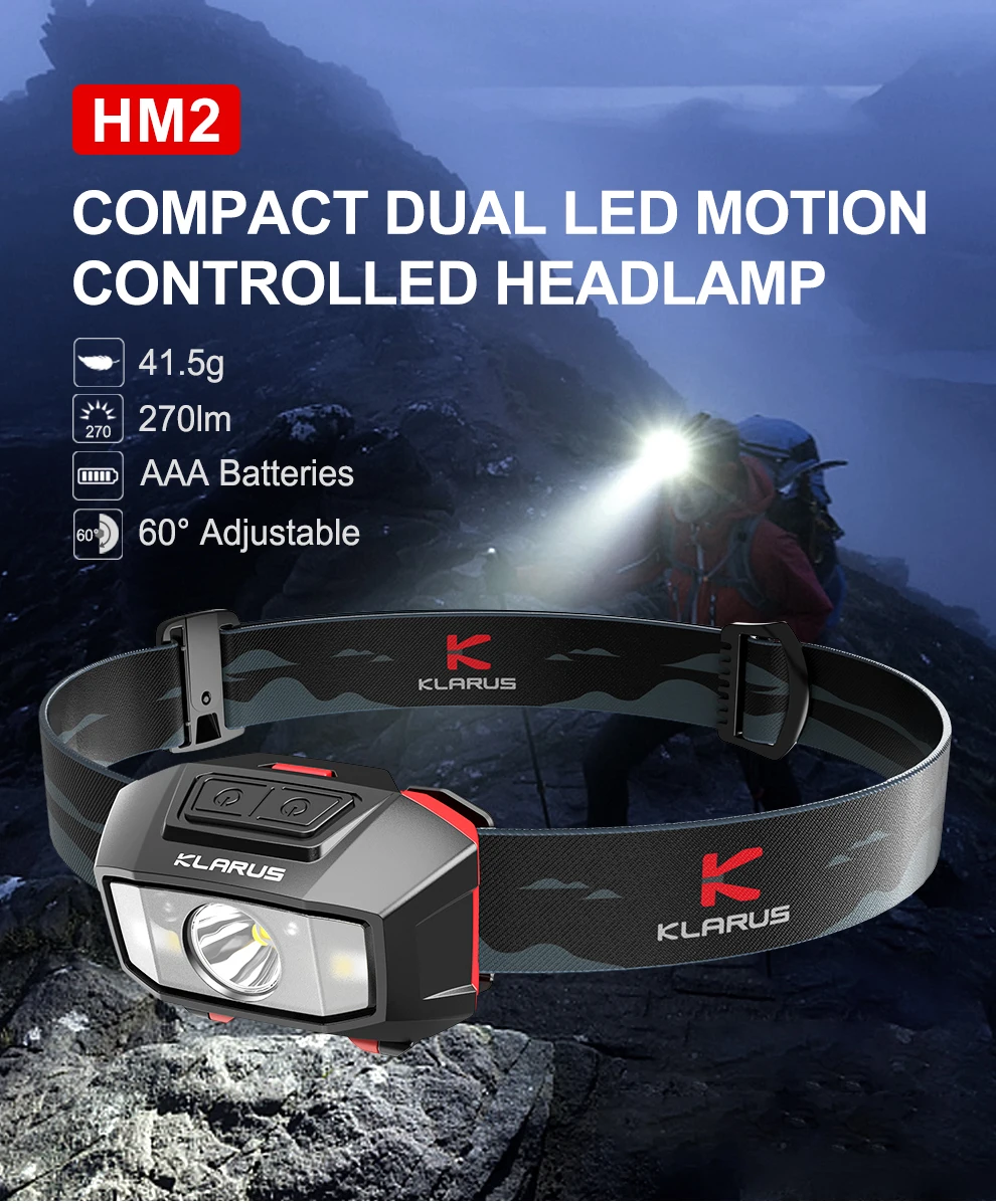 Klarus HM2 Headlamp Resists Water/Impact LED Elastic Breathable Headband Strobe