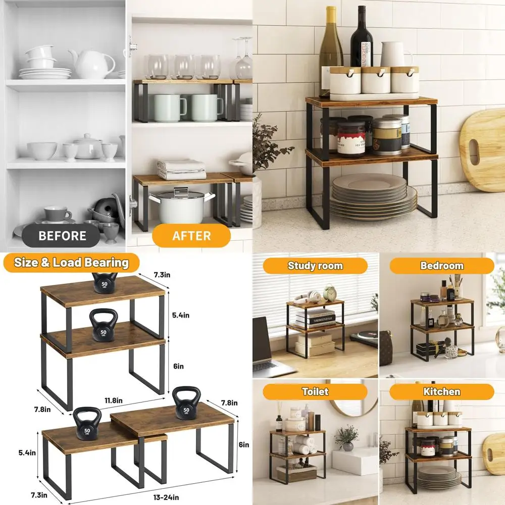 

4-компонентный органайзер для кухонного шкафа в деревенском коричневом стиле, штабелируемые полки на металлических ножках для хранения специй, кладовой и чашек