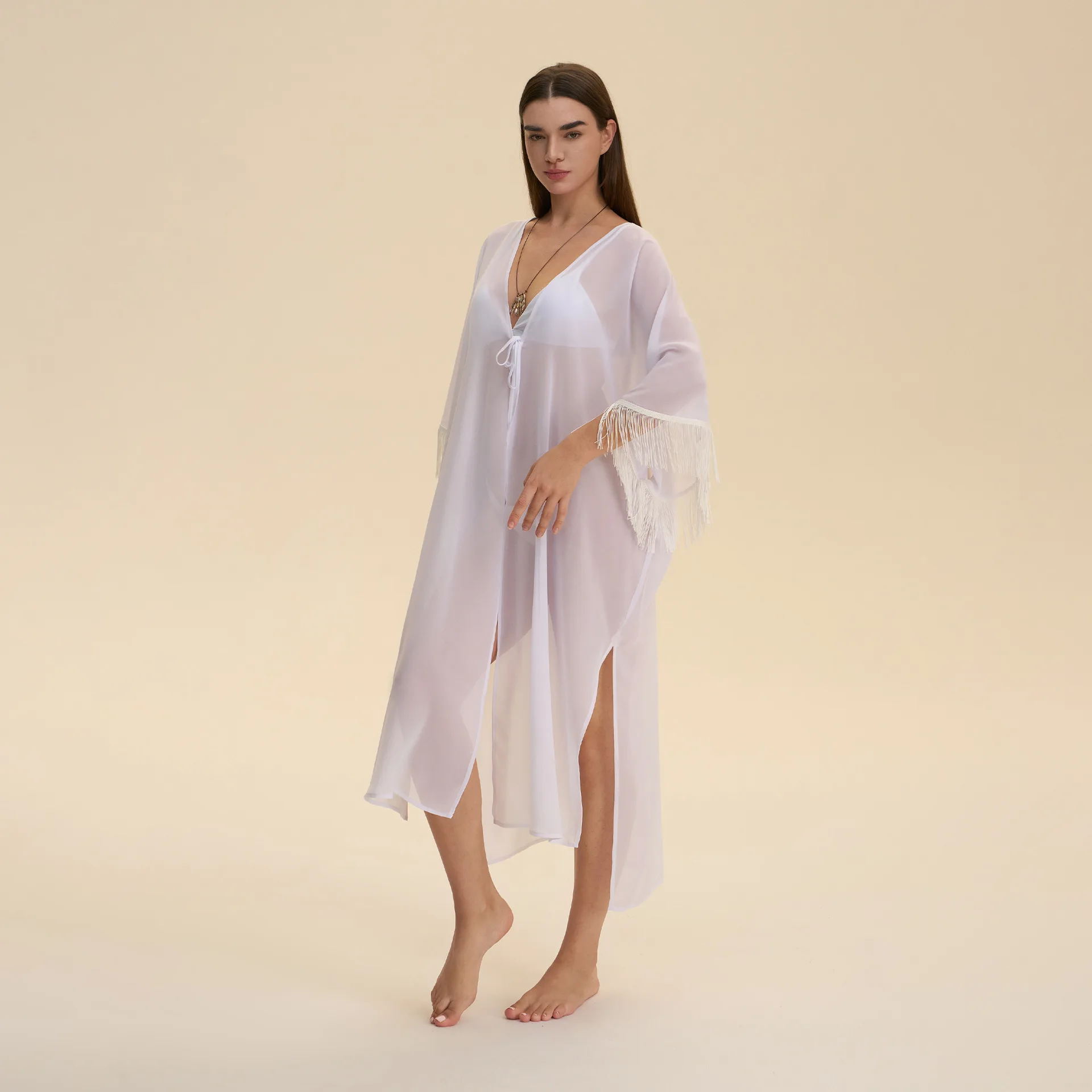 Sexy Temptation Perspective Chiffon Long Robe Loose Casual Tassel Cuff Kimono Cardigan Bathrobe Sleepwear Beach Bikini Coat