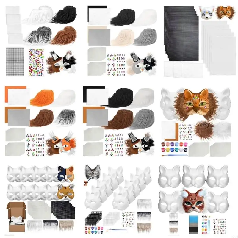 Therians Mask Set Furs,Eye Mesh,Felts Sheet DIY Foxes Cats Mask to Paint Furry Animal Mask Gear for Halloween Cosplay