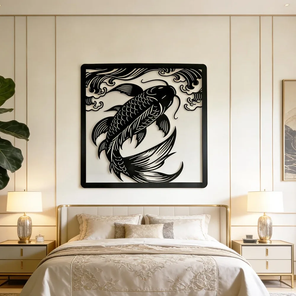 Lucky Koi Fish Metal Wall Art, Asian Inspired Koi Sculpture, Good Fortune Wall Hanging