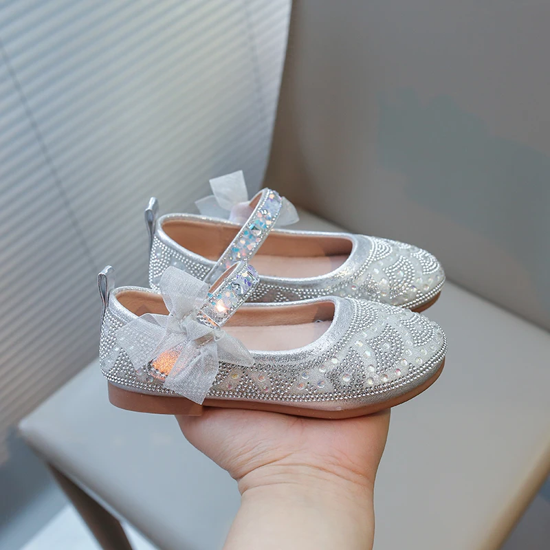 Girls Mary Jane Shoes Silver Thin Glitter Drill Girls Small Leather Shoes Pink Flat Non-slip Kids Princess Single Shoes Sandals