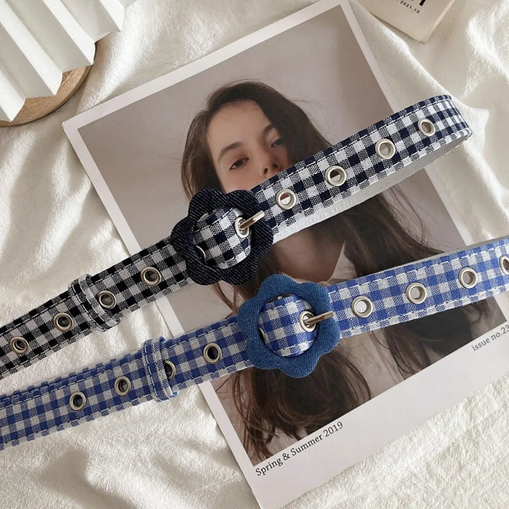 Cinto de couro PU feminino com fivela de flores, cinto jeans xadrez, vestido da moda, combina tudo