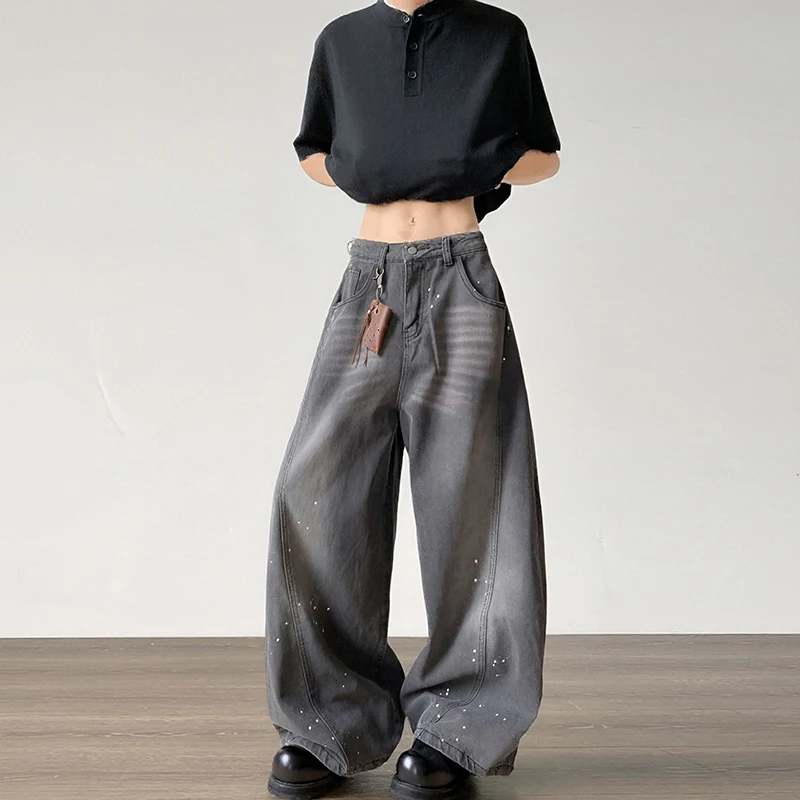 Niche Design Men's Jeans Washing Splash-ink Contrast Color Streetwear Moustache Effect All-match Male Denim Pants New