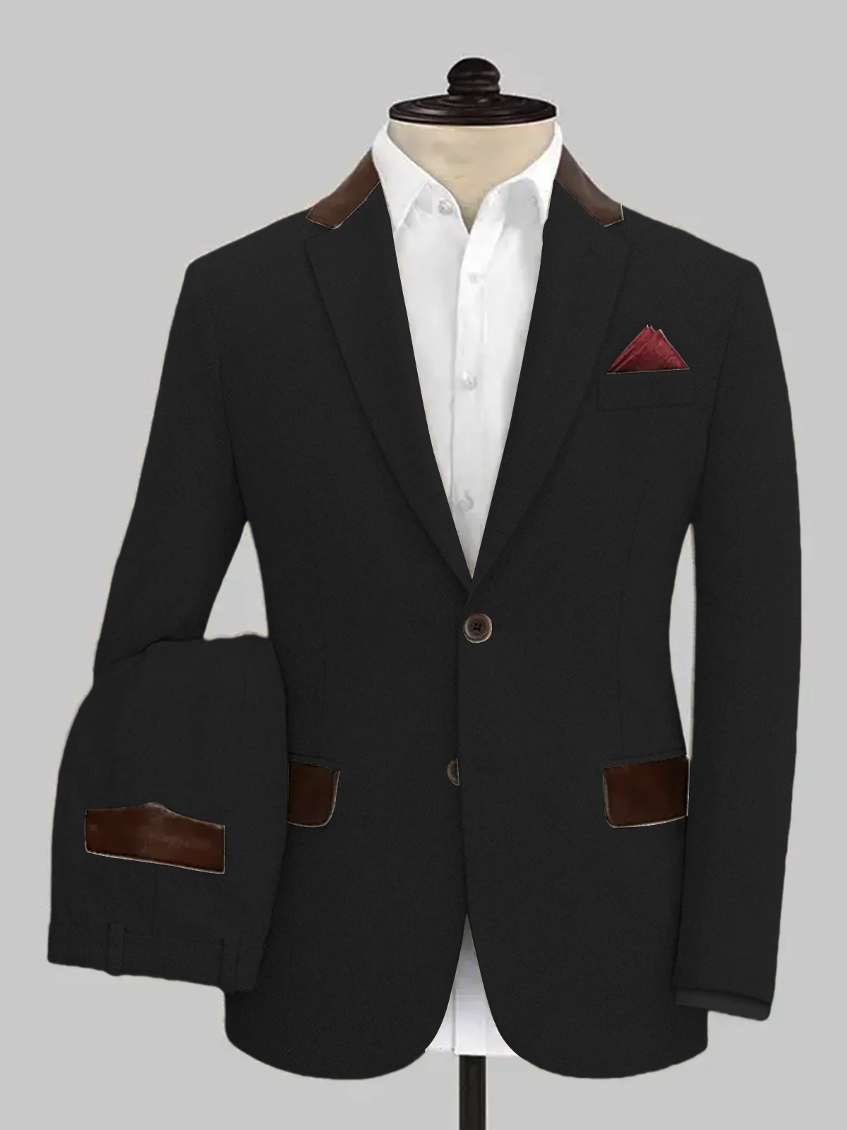 ANNIEBRITNEY Herringbone Tweed Suit for Men Slim Fit Tuxedo Man Suit with Leather Warm Casual 3 Piece Blazers and Vest and Pants