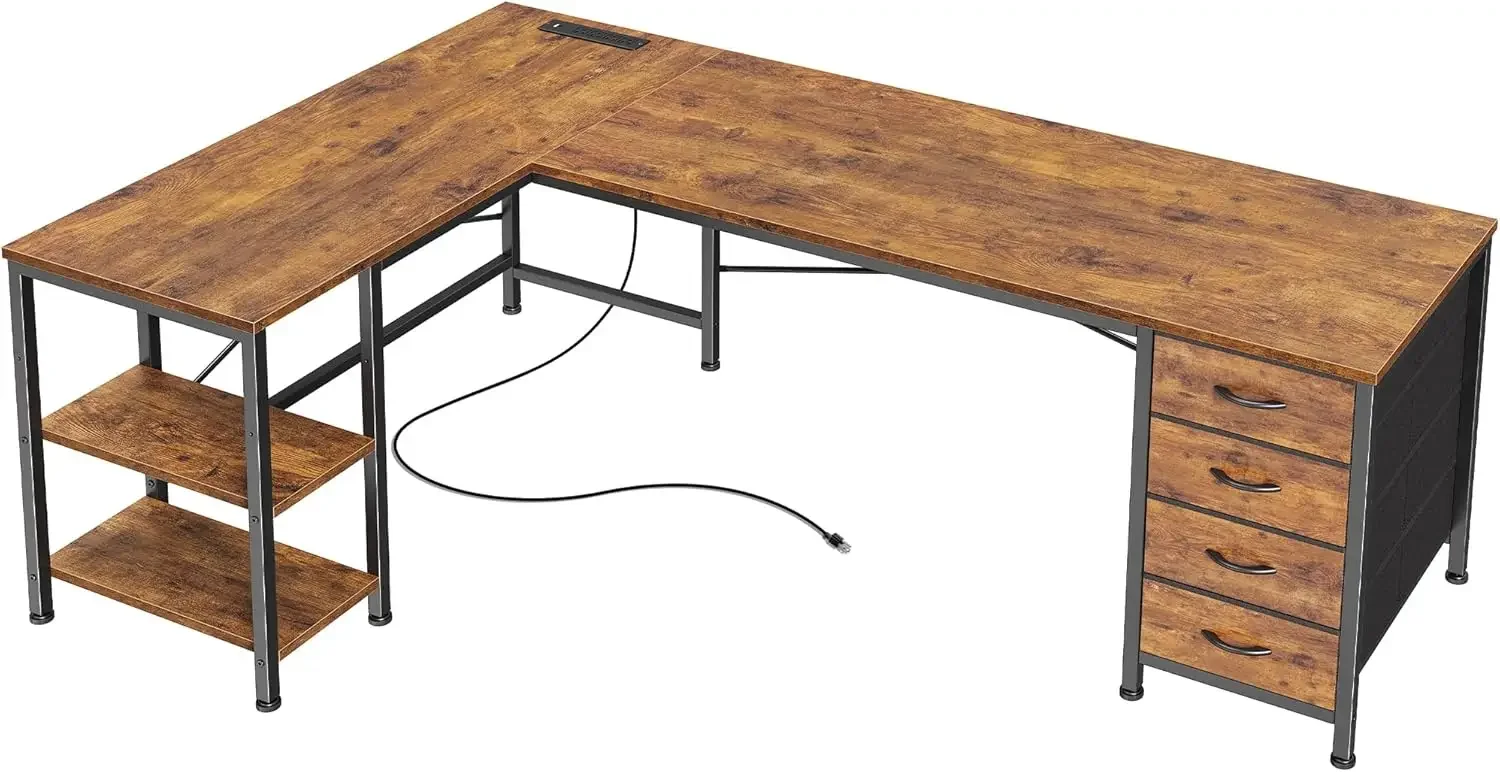 

55 Inch L Shaped Desk with Fabric Drawers,djustable Side Storage, for Work Study Corner Home Office, Rustic Brown