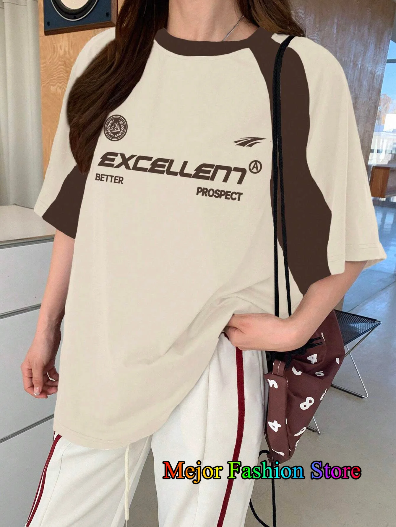 Letnia nowa koszulka z nadrukiem dla kobiet O-Neck czerwona patchworkowa siateczka z krótkim rękawem sportowa koszulka piłkarska Y2K bluzki oversize