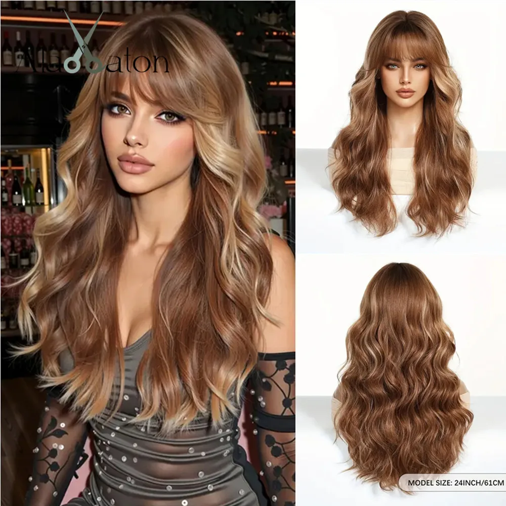 ALAN EATON Brown Highlight Synthetic Wigs with Bangs Long Water Wavy Wig Soft Realistic Daily Fake Hair Heat Resistant Fiber