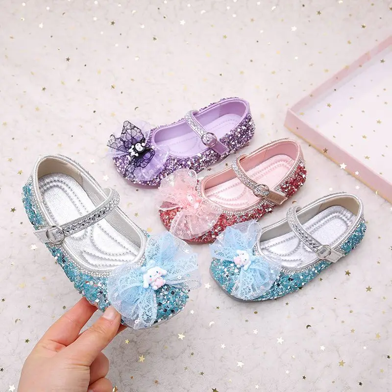 

Новые туфли принцессы для девочек, сандалии Sanrio Kuromi Melody Cinnamoroll, туфли со стразами, обувь для выступлений, вечерние туфли, подарки