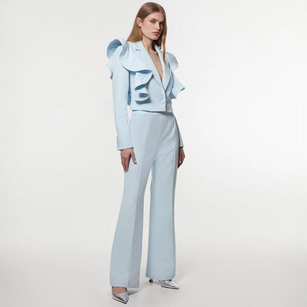 Tesco 2025 2 Piece Women's Suit Ruffled Long Sleeves One Button Blazer and Pants Set Peaked Lapel Suit Jacket for Party