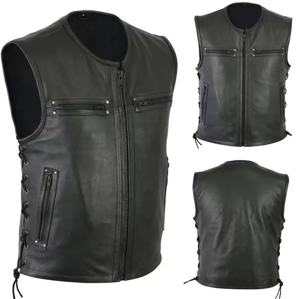 

2025 men's new model, solid color, locomotive crew neck PU leather vest