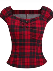 Summer Women Y2K Vintage 50s Pinup Peasant Shirts Gingham Inspired Couture Checkered Red 2023 New Tops Retro Rockabilly Blouses