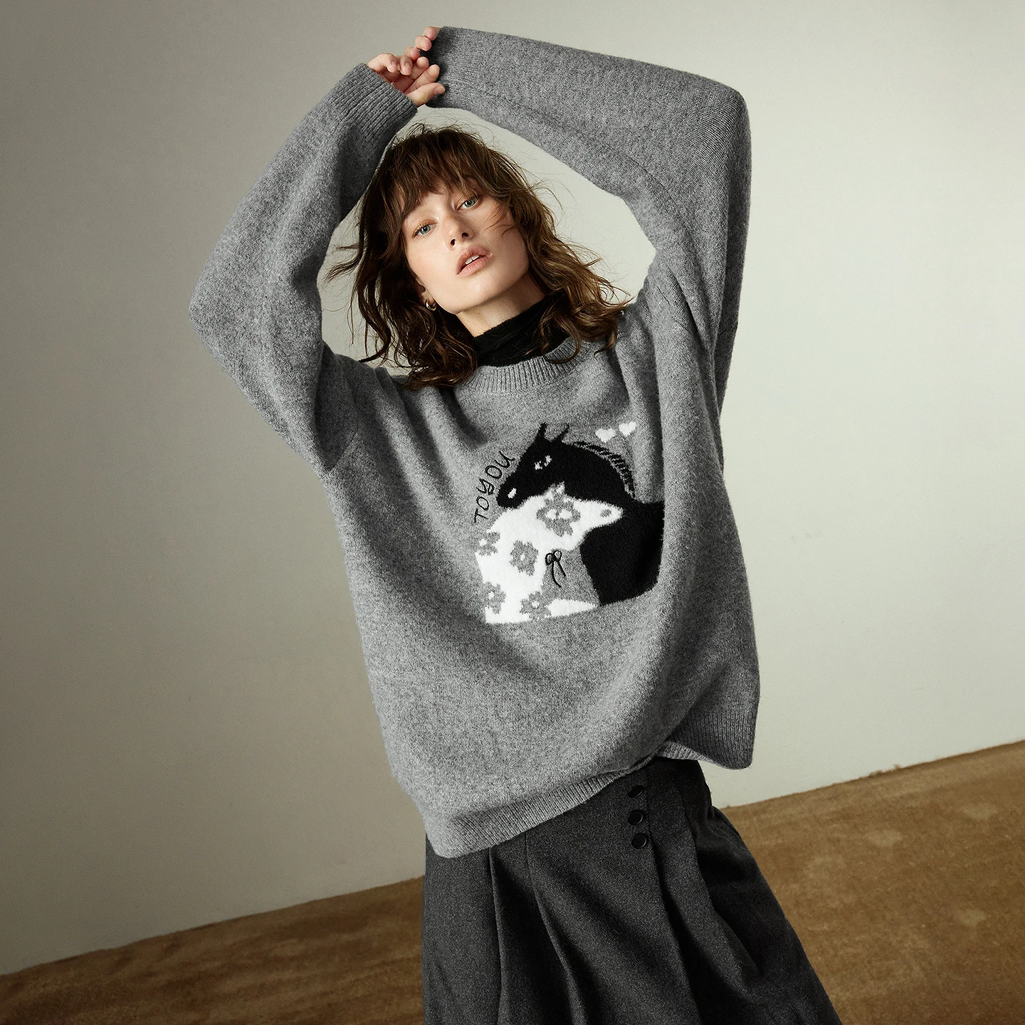 TOYOUTH Women Knitwear 2025 Winter New Wool-Blend Crew Neck Loose Horse Jacquard Sweater Tops