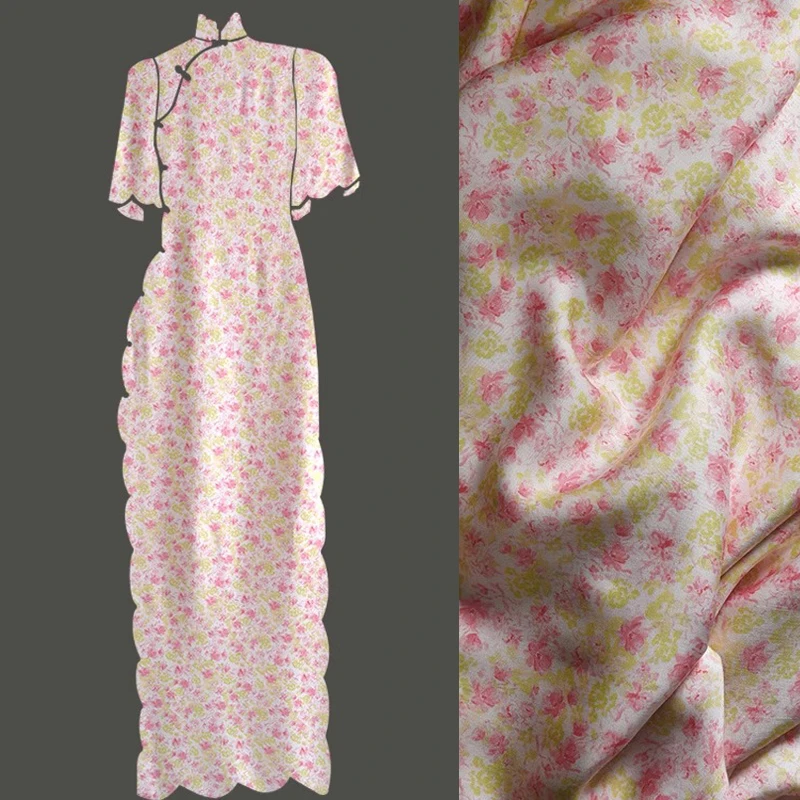 145CM Wide 200G/M 100% Rayon Fabric for Summer Thin Dress Cheongsa Blouse,Cute Pink Yellow Floral Printed Soft Fabric R440