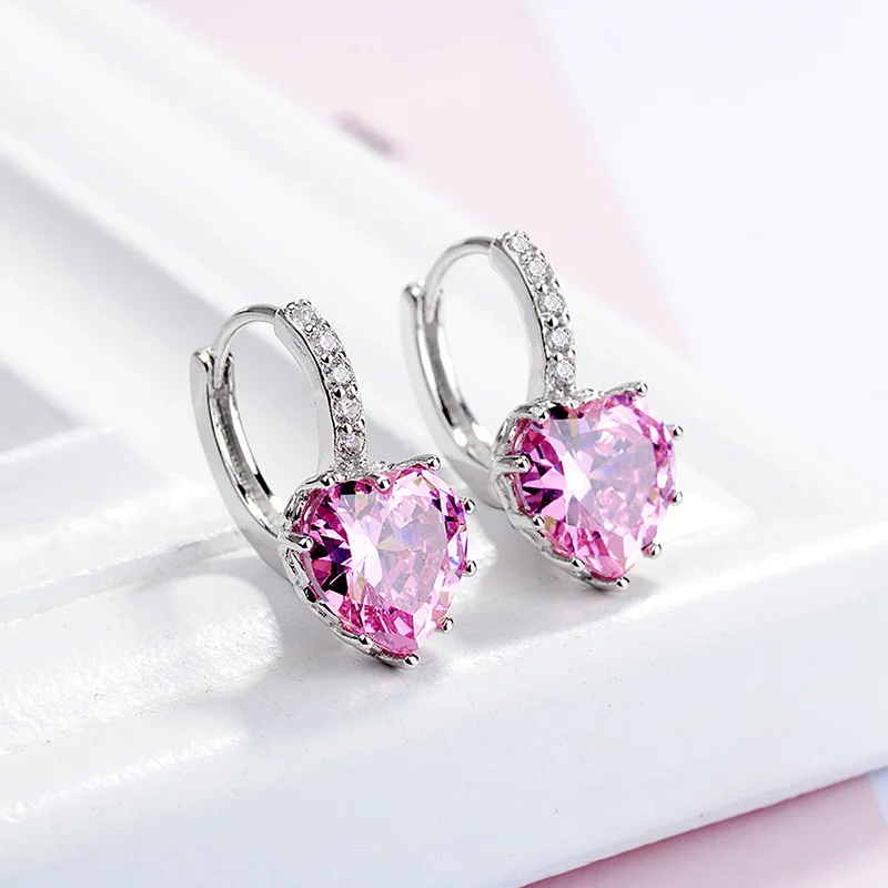 Cute Colorful Heart Real Pure 925 Sterling Silver Jewelry Cubic Zirconia Stone Earrings Fashion Women Favourites Earring