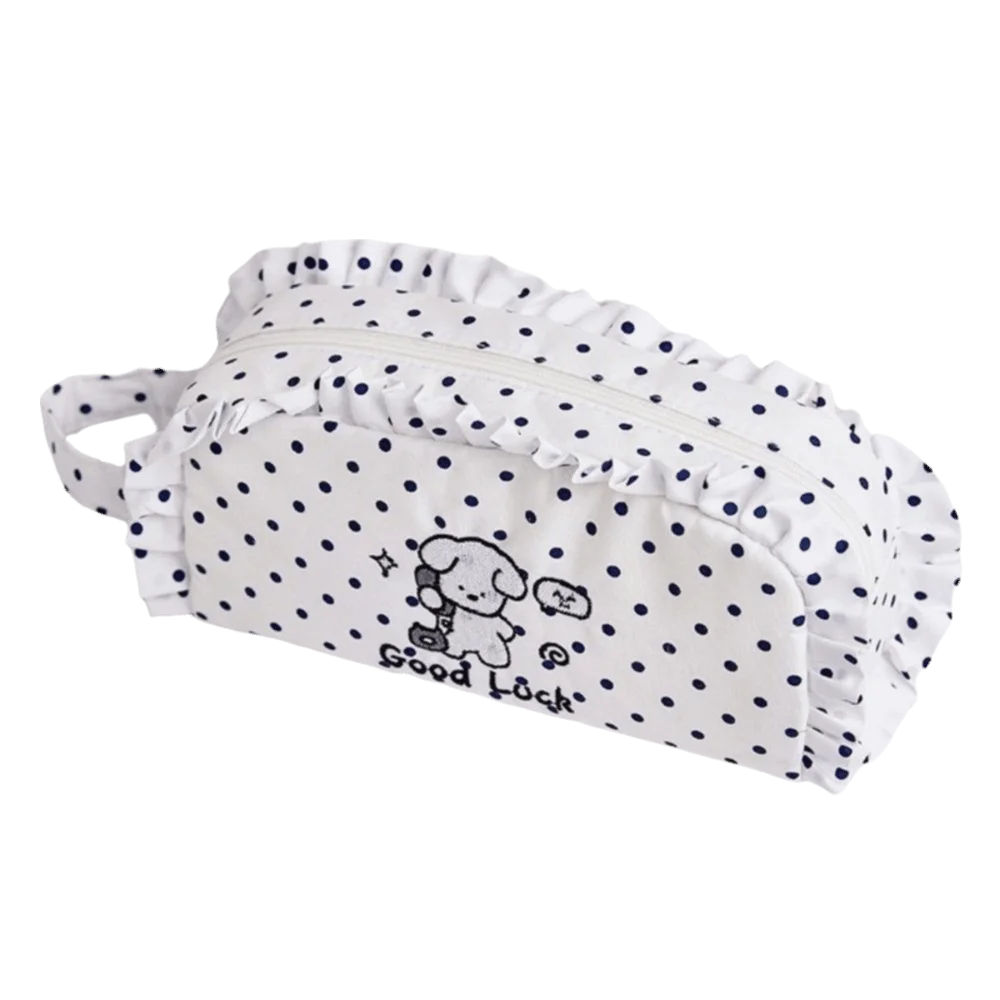 Large Capacity Puppy Polka Pen Bag Puppy Embroidery Portable Pencil Case Zipper Closure Stationery Storage Bag School Office