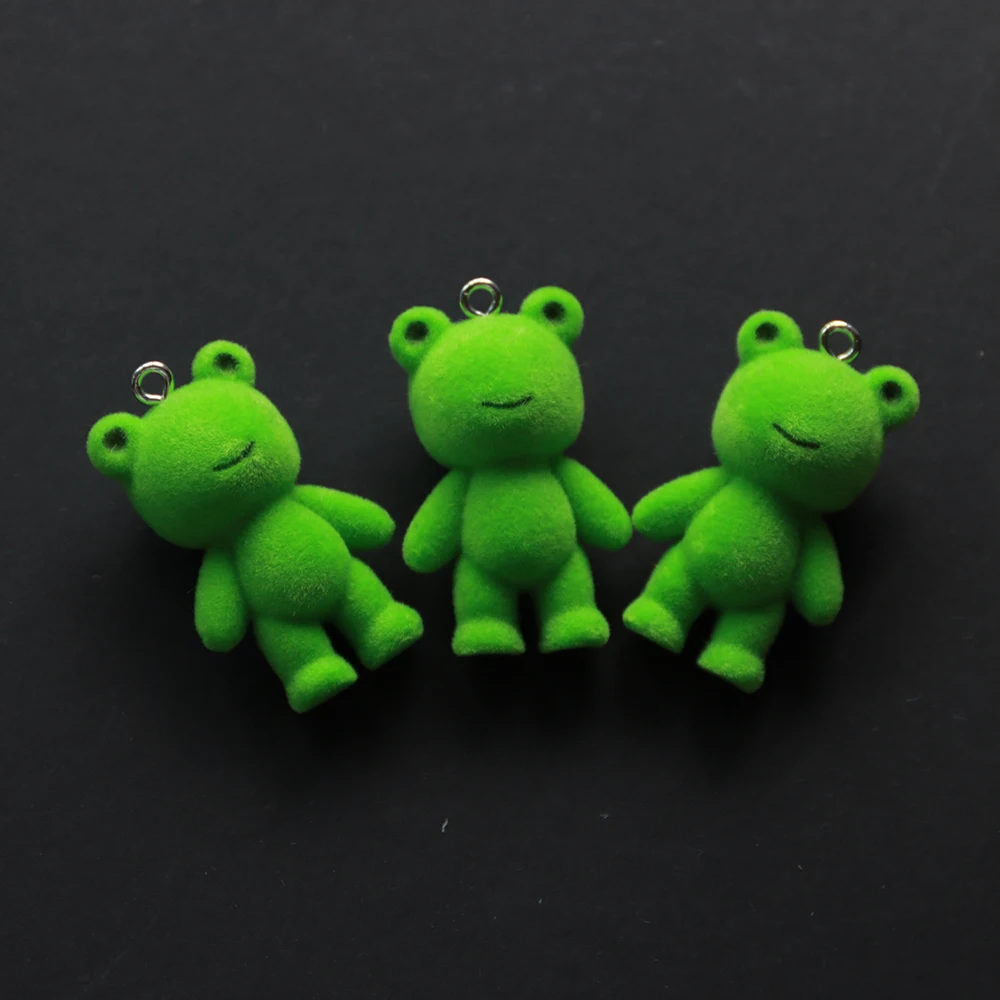 30Pcs 3D Cute Flocked With Eyed Frog Charms Cartoon Animal Resin Pendant Earring Keychain Accessorie for DIY Crafts Jewelry Make