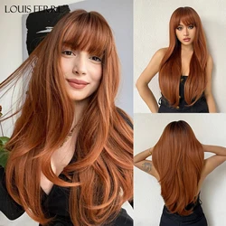 LOUIS FERRE Red Brown Copper Straight Synthetic Wigs With Bangs Long Straight Ginger Women‘s Hair Daily Heat Resistant Wigs’