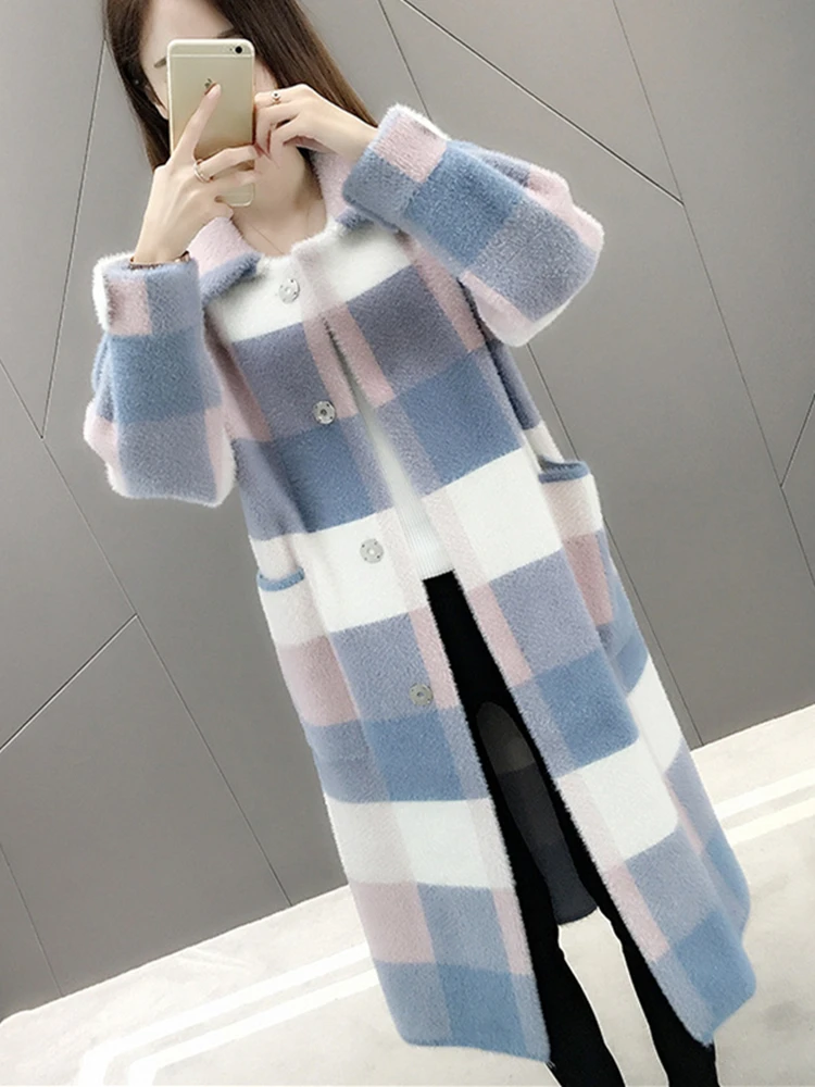 Women\'s Long Knitted Faux Mink Fur Coat, Plaid Cardigan Jacket