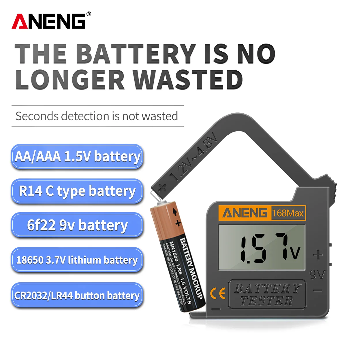 ANENG 168MAX Batterietester für C-, D-, AA-, AAA- und Knopfzellen-Lithiumbatterien mit Digitalanzeige, keine zusätzliche Batterie erforderlich, Haushaltsprüfgerät