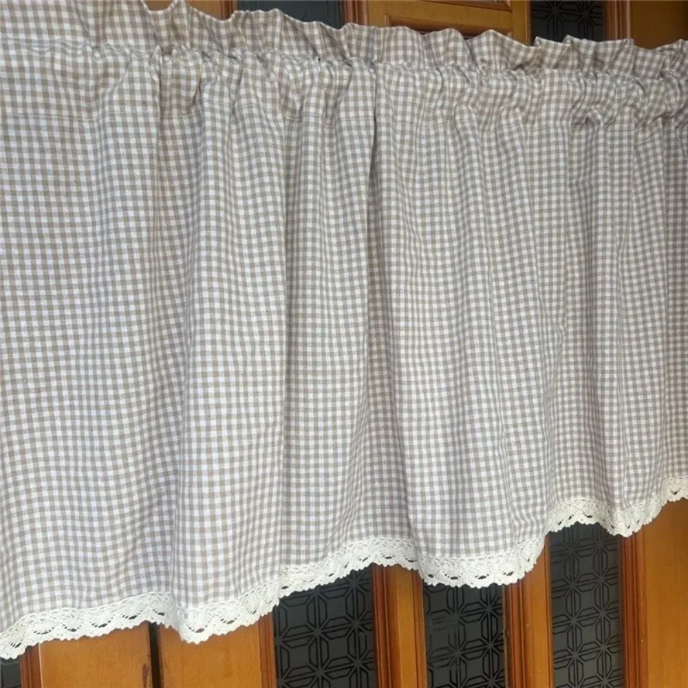 Korean Cotton and Linen Khaki Plaid Short Curtains for Kitchen Japanese Lattice Half Curtain Living Room Coffee