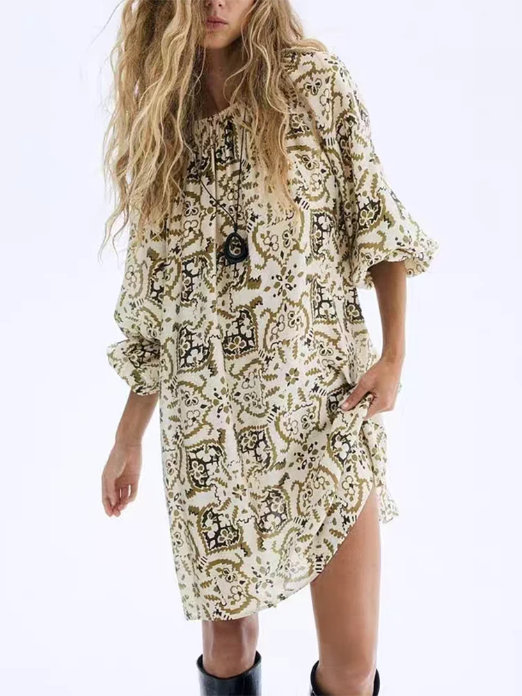 

Весна 2026: Новое модное женское платье-миди с цветочным узором, поясом на талии, свободного кроя, с высоким воротником и длинными рукавами