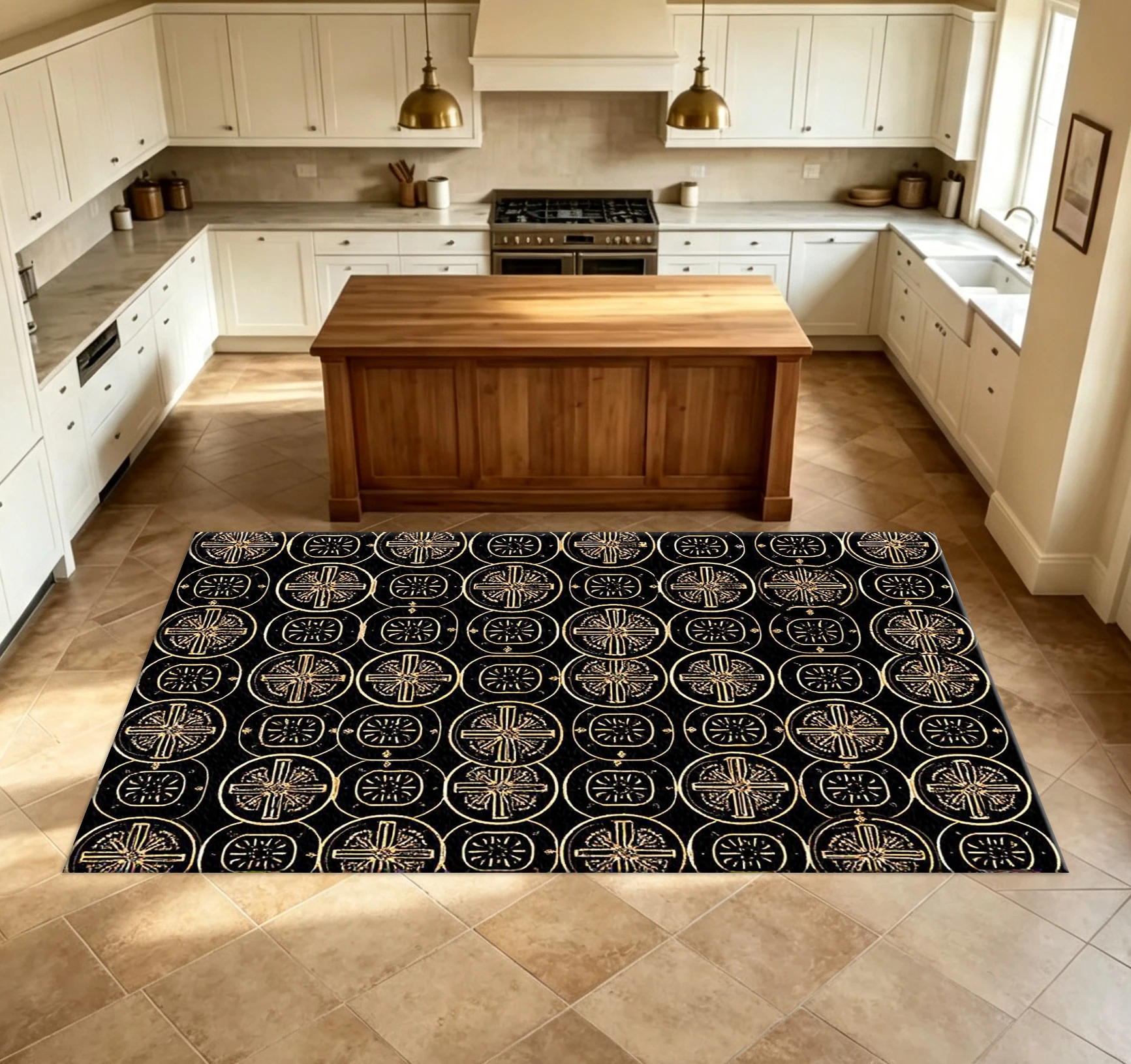 Vintage Golden Circle Cross Pattern Carpet Flooring Retro Black Background Household Floor Rug