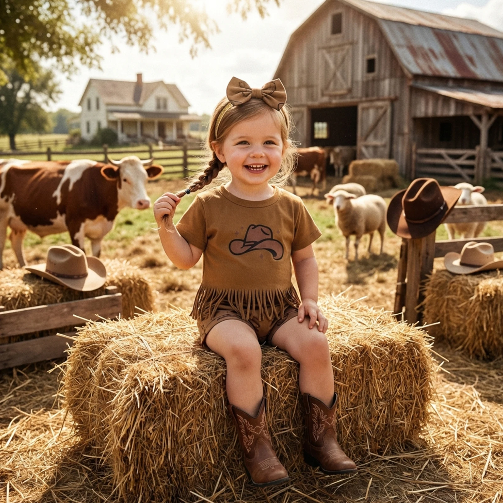 Baby Girl 3Pcs Summer Outfits Short Sleeve Tassel Tops + Shorts + Headband Set Infant Western Clothes 3M-24M