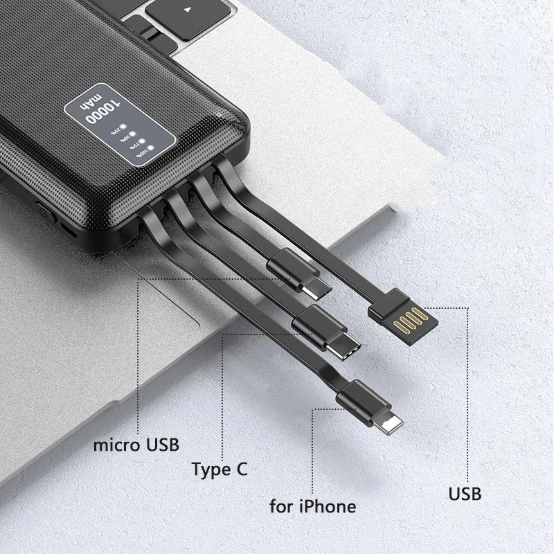 Slim Power Bank 10000mAh Built in Cable Portable Charger External Battery Pack Powerbank for Xiaomi Mi iPhone 14 13 12 Poverbank