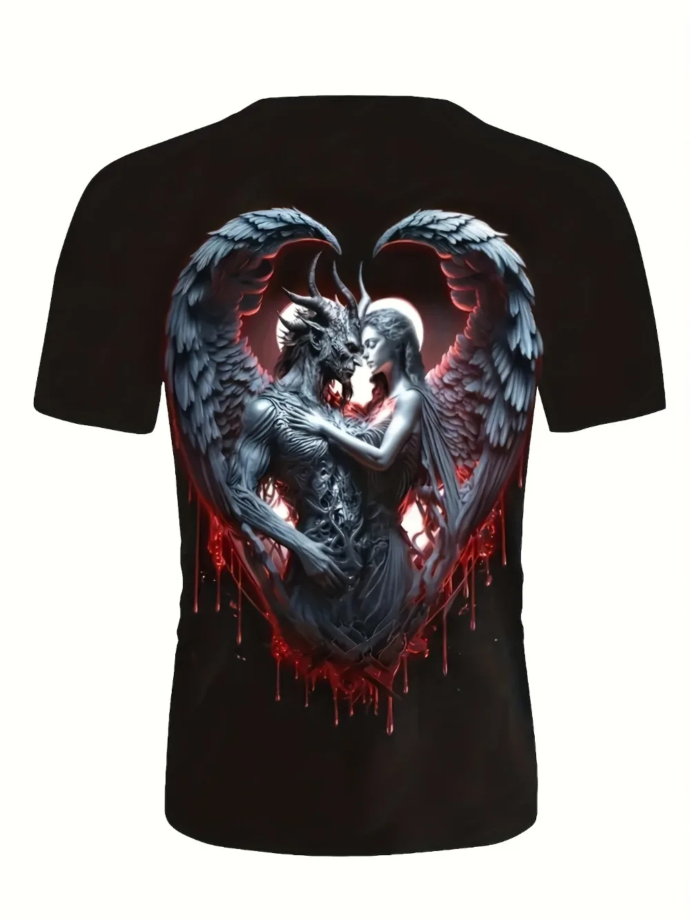 Dark Gothic Angel Demon Love T‑Shirt Wing Heart Frame 3D Printed Tee Mysterious Horror Fantasy Casual Short Sleeve Tops for Men