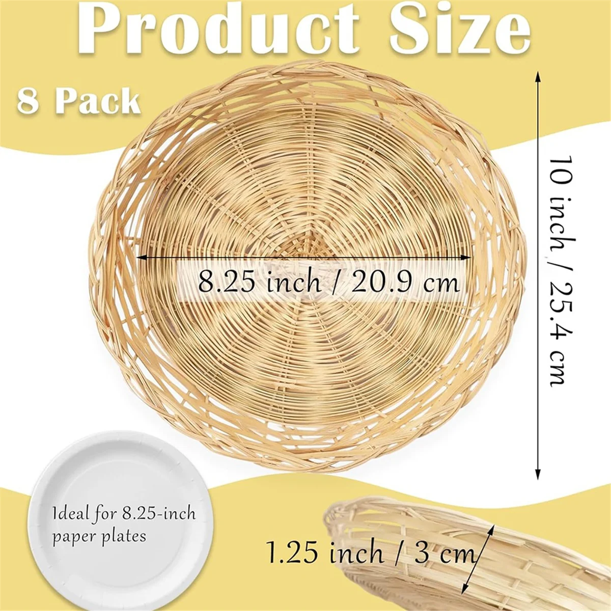 B60A8 Pack Bamboo Paper Plate Holders, 10 Inches Reusable for Dinner Plates Hand Woven Wicker Paper Plate Baskets