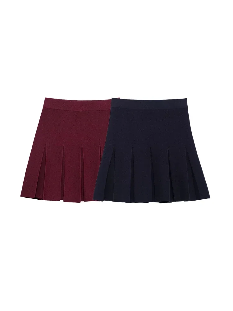 Willshela Women Fashion Red Pleated Knitted A-Line Mini Skirt Vintage High Elastic Waist Female Chic Lady Skirts