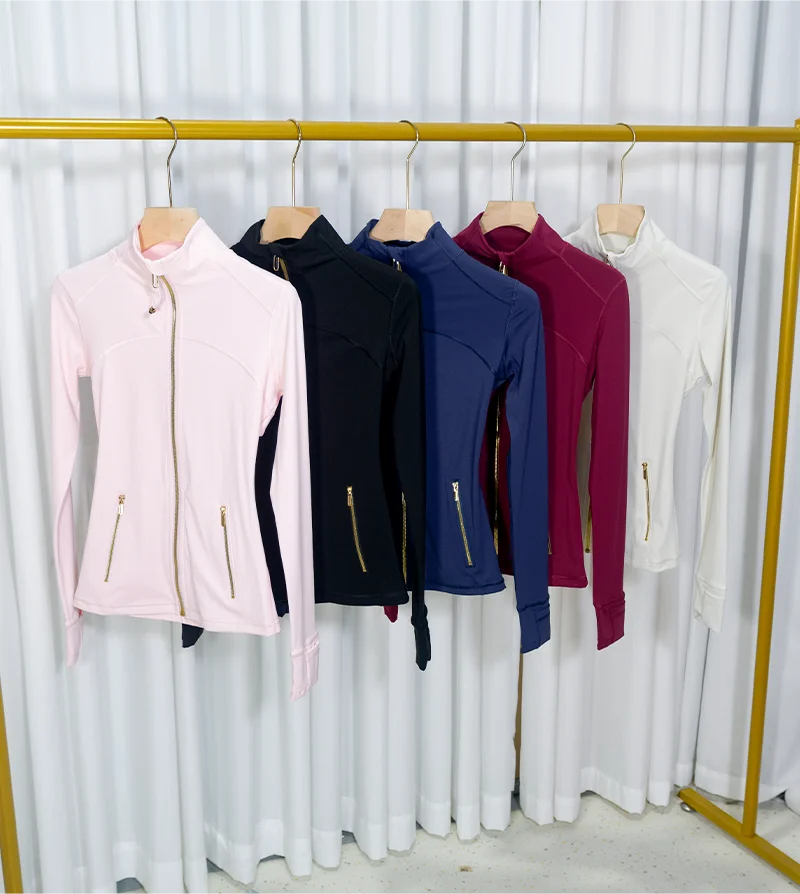 Neue Damen Slim Fit Sportjacke mit Goldreißverschluss, atmungsaktiv, schnelltrocknend, Stehkragen-Stil, Daumenloch-Design, Sportjacke – Detail 2