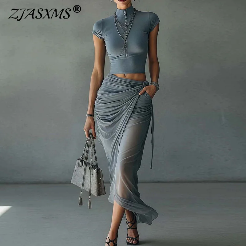 Elegant Slim Mesh Two Piece Suit Women High Neck Button T-Shirt Drawstring Ruched Wrap Long Skirt Set Sexy Clubwear Dress Outfit
