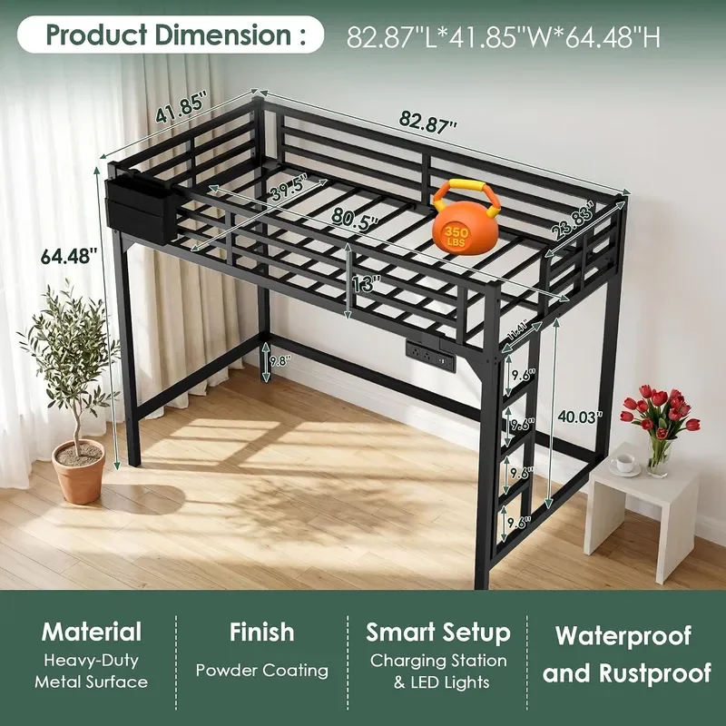 Twin XL Loft Bed with Charging Station and LED Lights Heavy Duty Metal Bed Frame with Storage Pocket Ladder and Guardrail