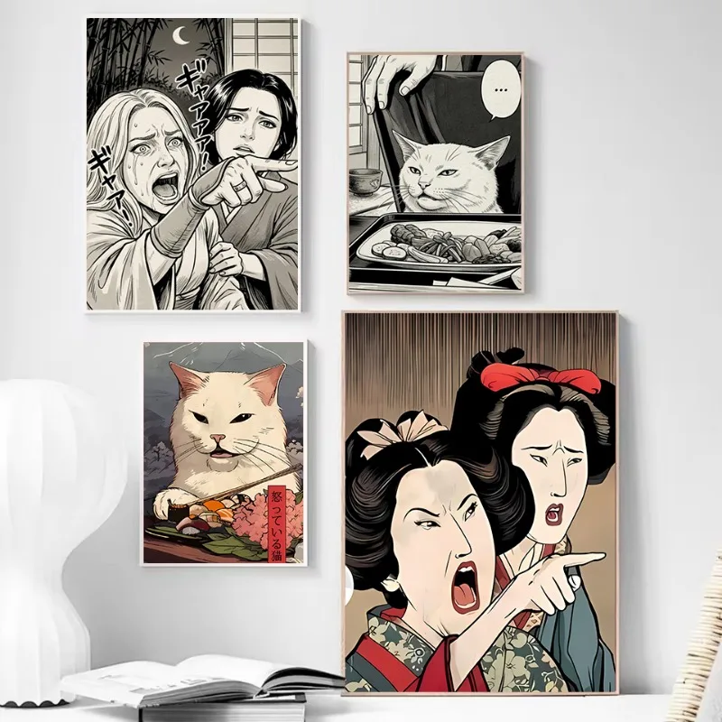 Japanese Woman Yelling At A Cat Meme Poster Funny Manga Style Colorful and B&W Canvas Painting Wall Art for Bathroom Home Decor