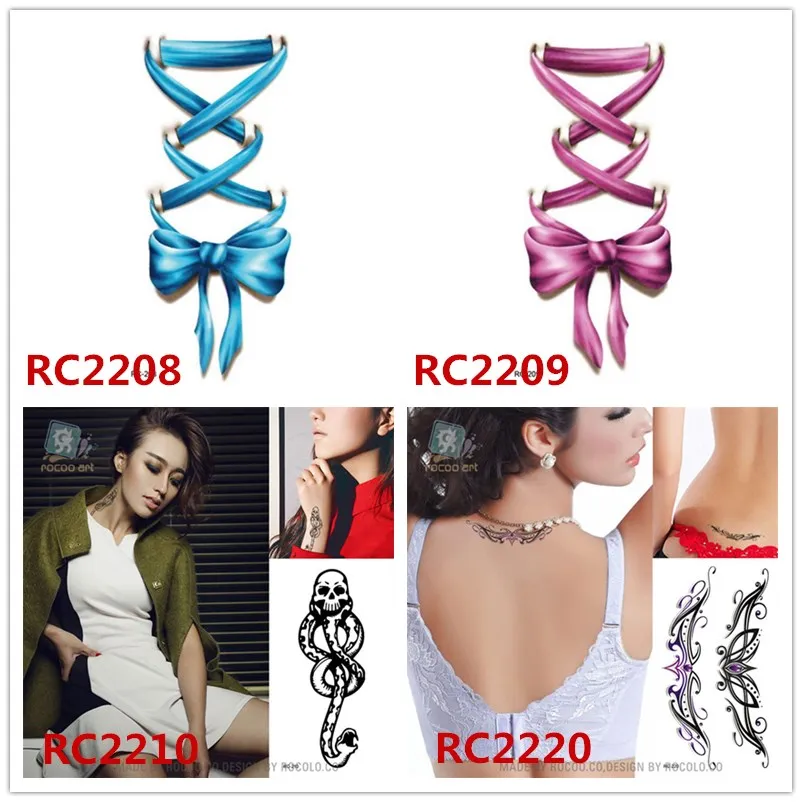 하라주쿠 여성을 위한 방수 임시 문신, 보라색 3d 사랑스러운 활 리본 디자인 문신 스티커 RC2209