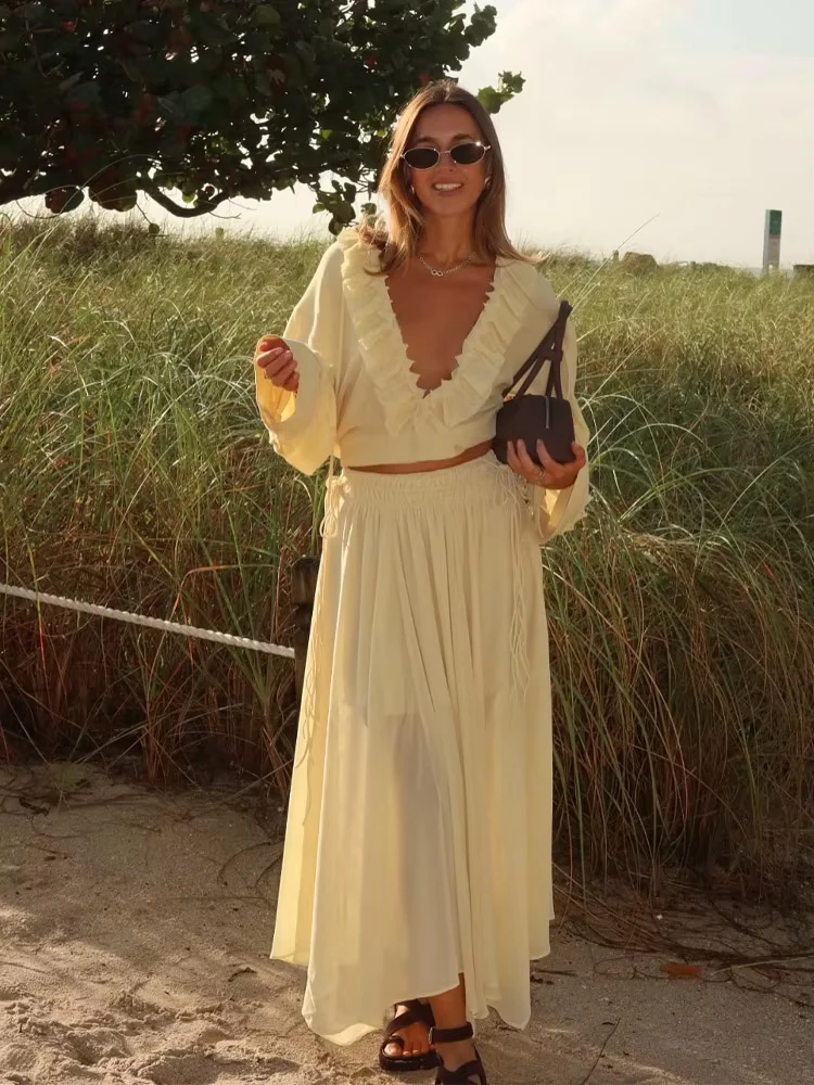 HH Women's Summer Yellow Long Sleeves Tierred Decoration Lace-Up Casual Shirts Light Female Elegant Fashion V-Neck Blouse