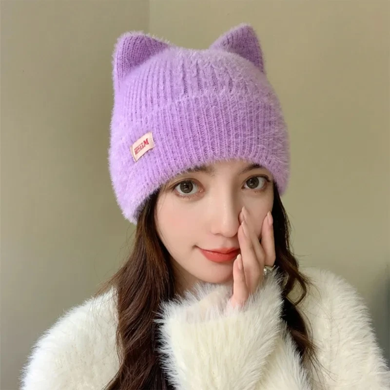 Knit Cat Ear Hat Soft Beanie Funny Pullover Hat Women Outdoor Activity for Teens Adult Cold Weather Windproof Hat Headdress