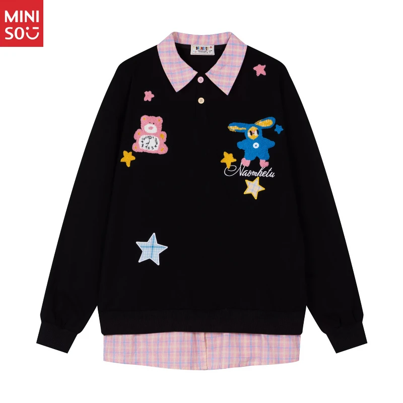 

American Retro Fun Cartoon Embroidery False Two Piece Polo Sweatshirt Unisex Versatile