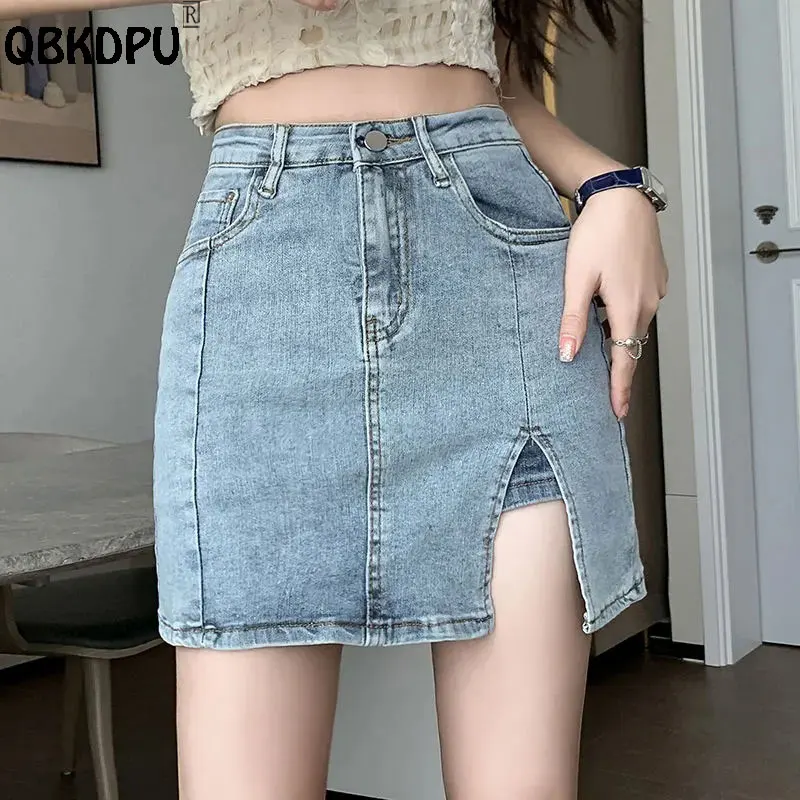 

Sexy Side Split Mini Denim Skirt Women 2024 Summer Slim Short Pantskirt High Waist Lined Jean Skirts Korean Fashion Wash Faldas