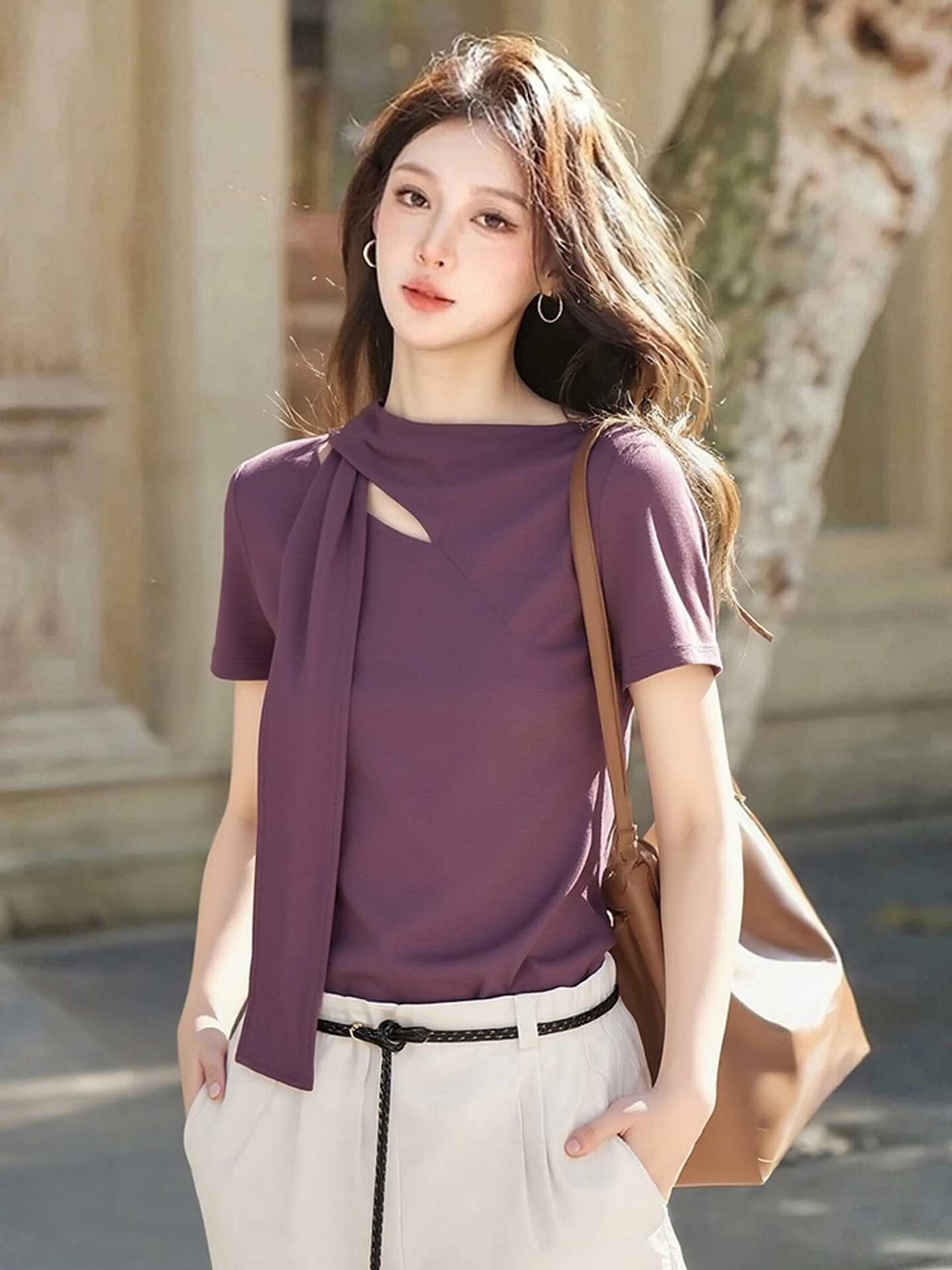 

Elegant Short Sleeve Women's T-Shirt Bow Design Gentle Style Fashionable Base Shirt Summer Trendy Underwear Korean Version Lo...