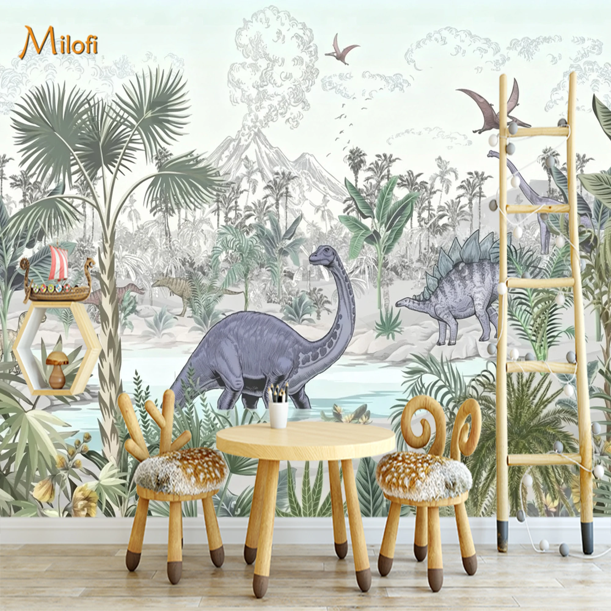 Custom Mural Wallpaper Dinosaur Jungle Wall Mural, Prehistoric Dino Palm Tree Volcano Wall Decor for Boys Kids Nursery Bedroom